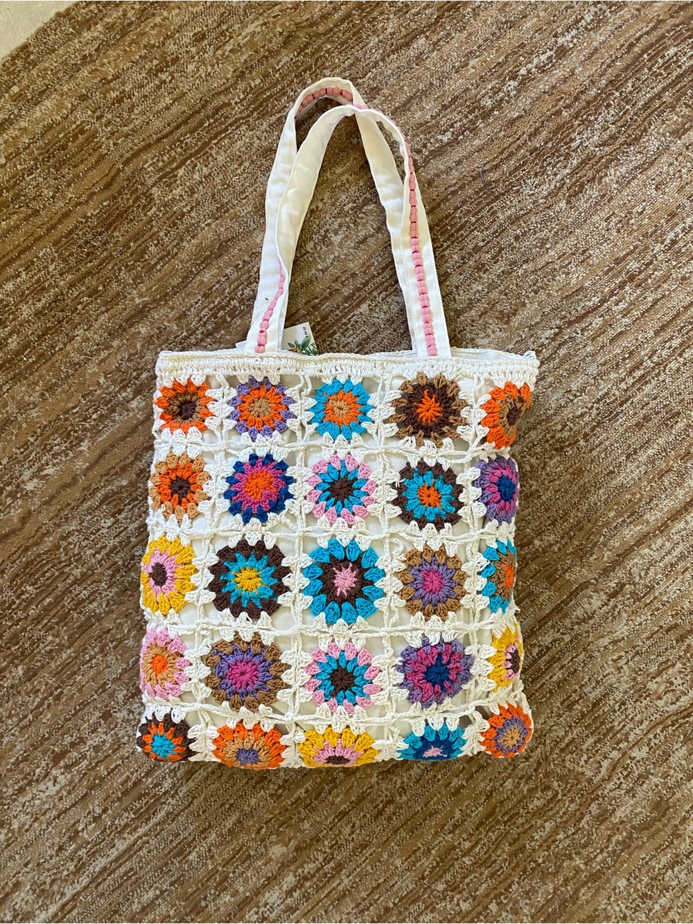 America & Beyond Crochet Granny Square Canvas Tote Bag